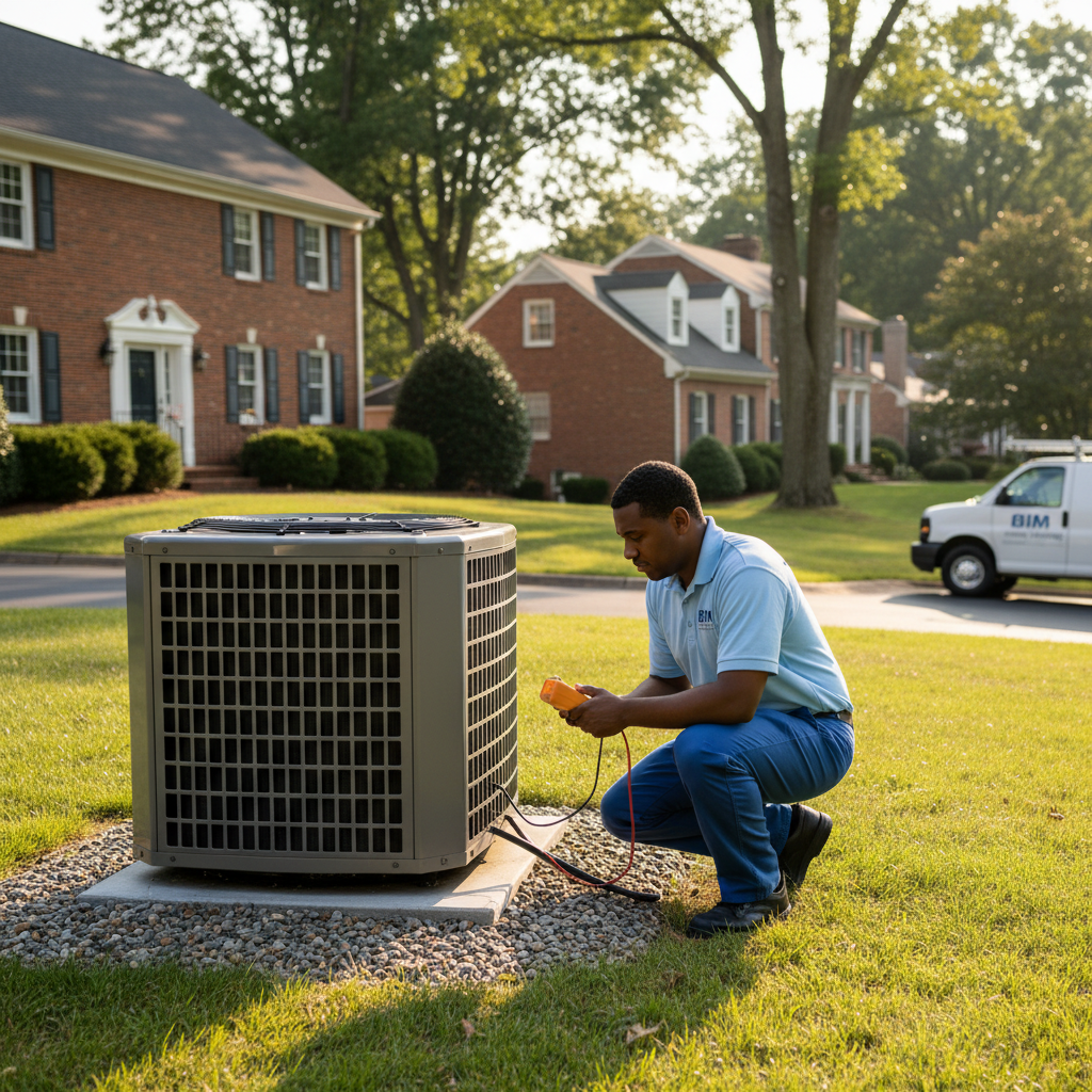 BIM Heating and Cooling technician inspecting an outdoor HVAC unit in a Fredericksburg, Virginia neighborhood.