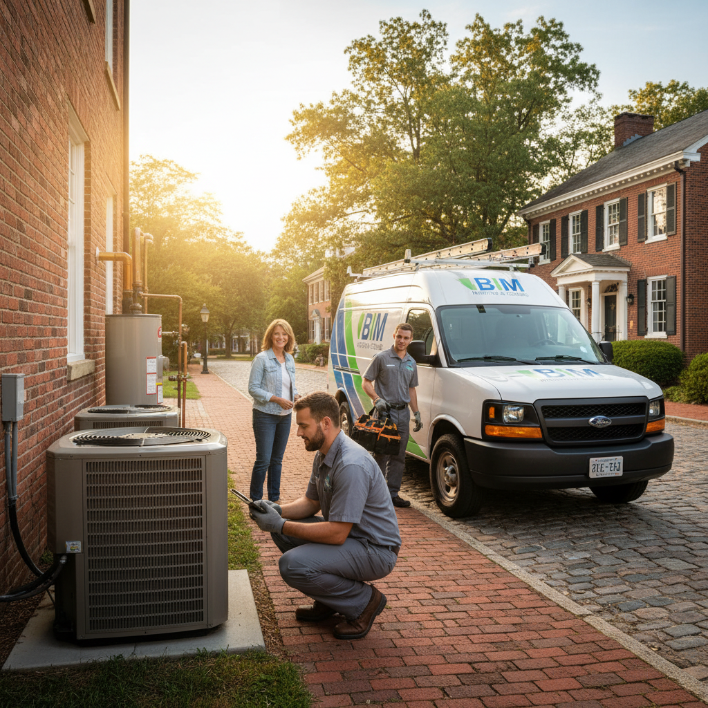 BIM Heating and Cooling technician inspecting an outdoor HVAC unit in a Fredericksburg, Virginia neighborhood.