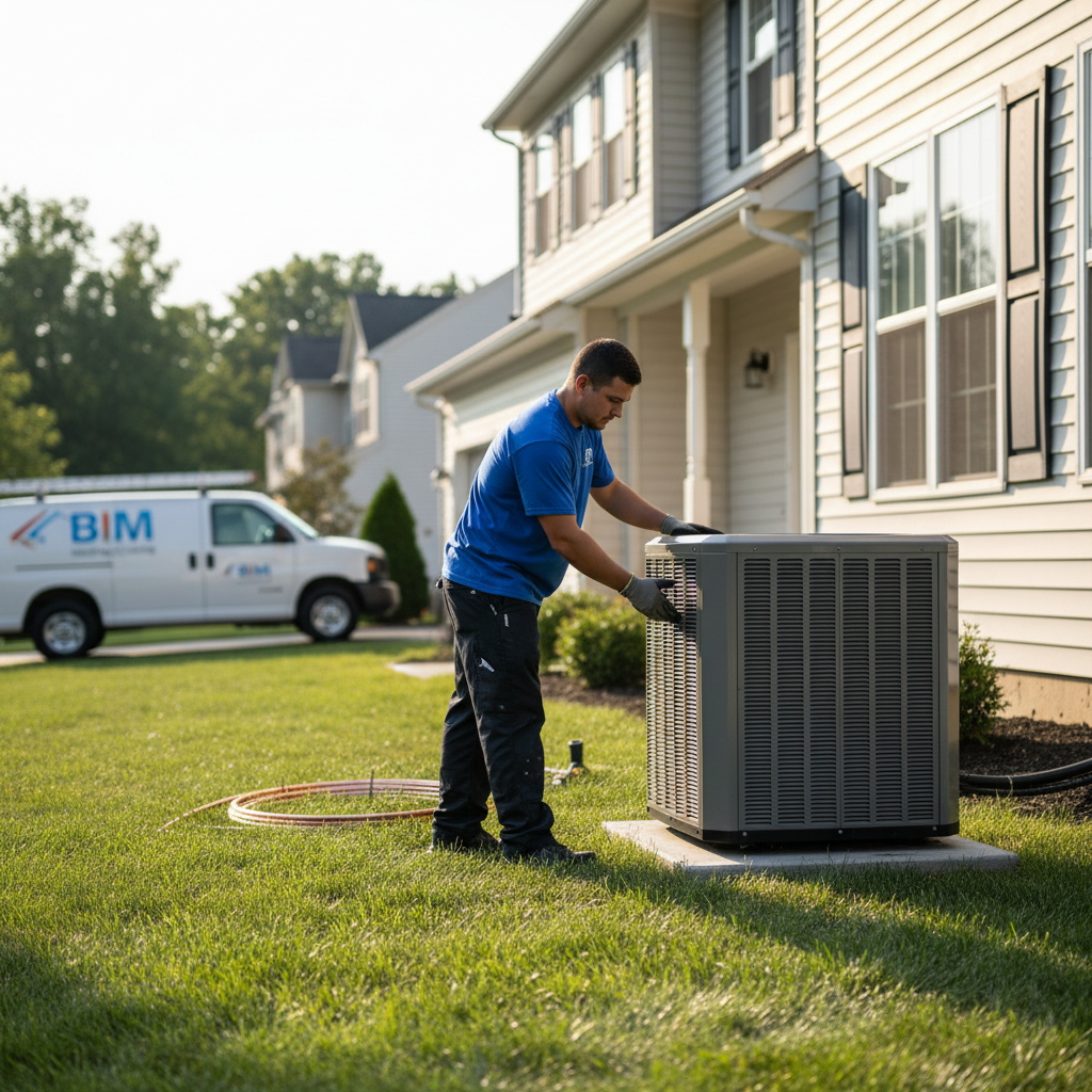 BIM Heating and Cooling technician installing a new air conditioner unit outside a Fredericksburg, VA residence.