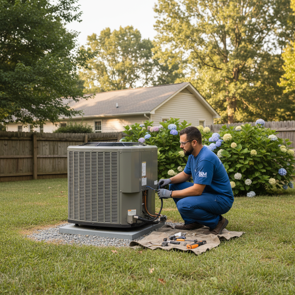 BIM Heating and Cooling technician installing a new air conditioner unit in a Virginia backyard.