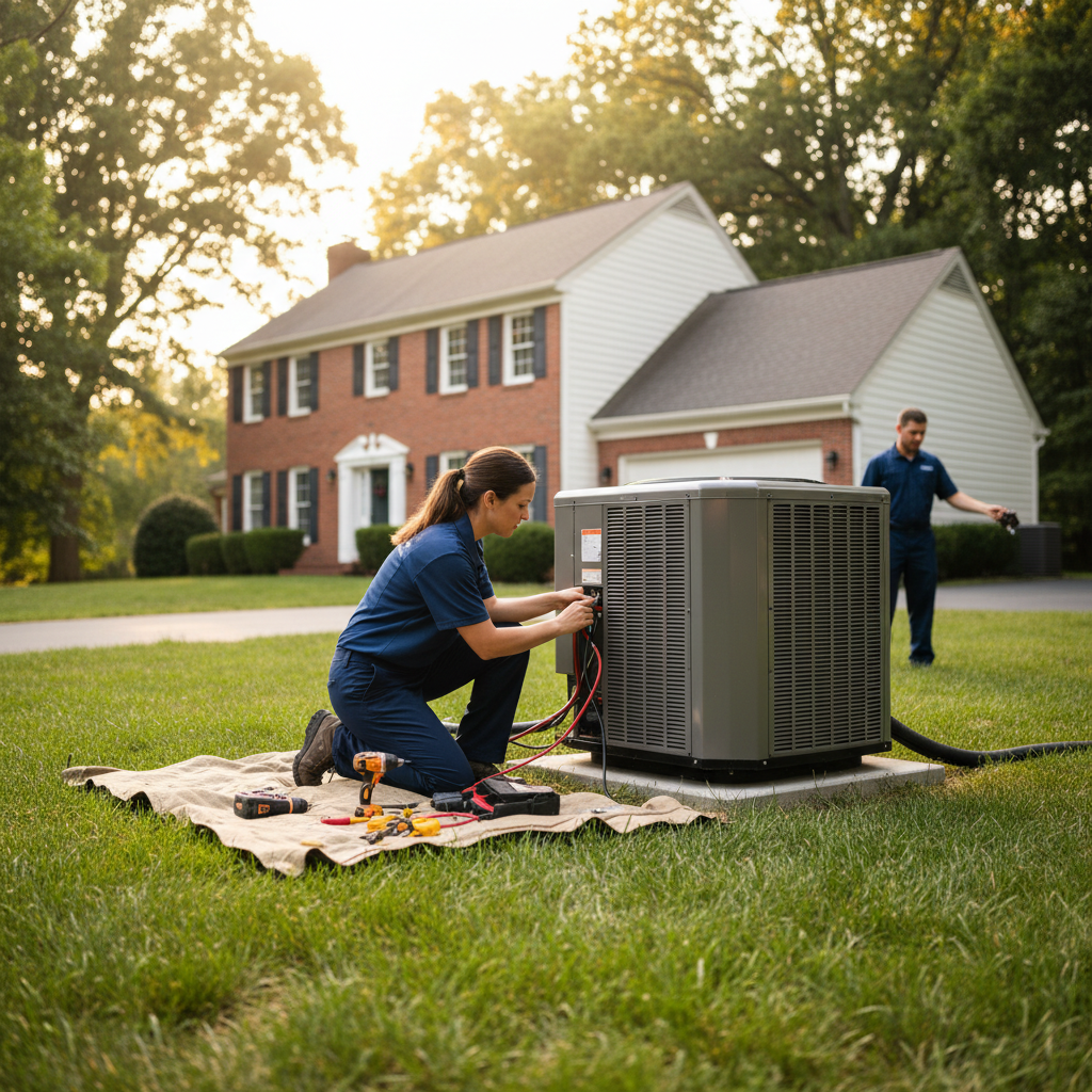 BIM Heating and Cooling technician installing a new air conditioner unit in Fredericksburg, Virginia.