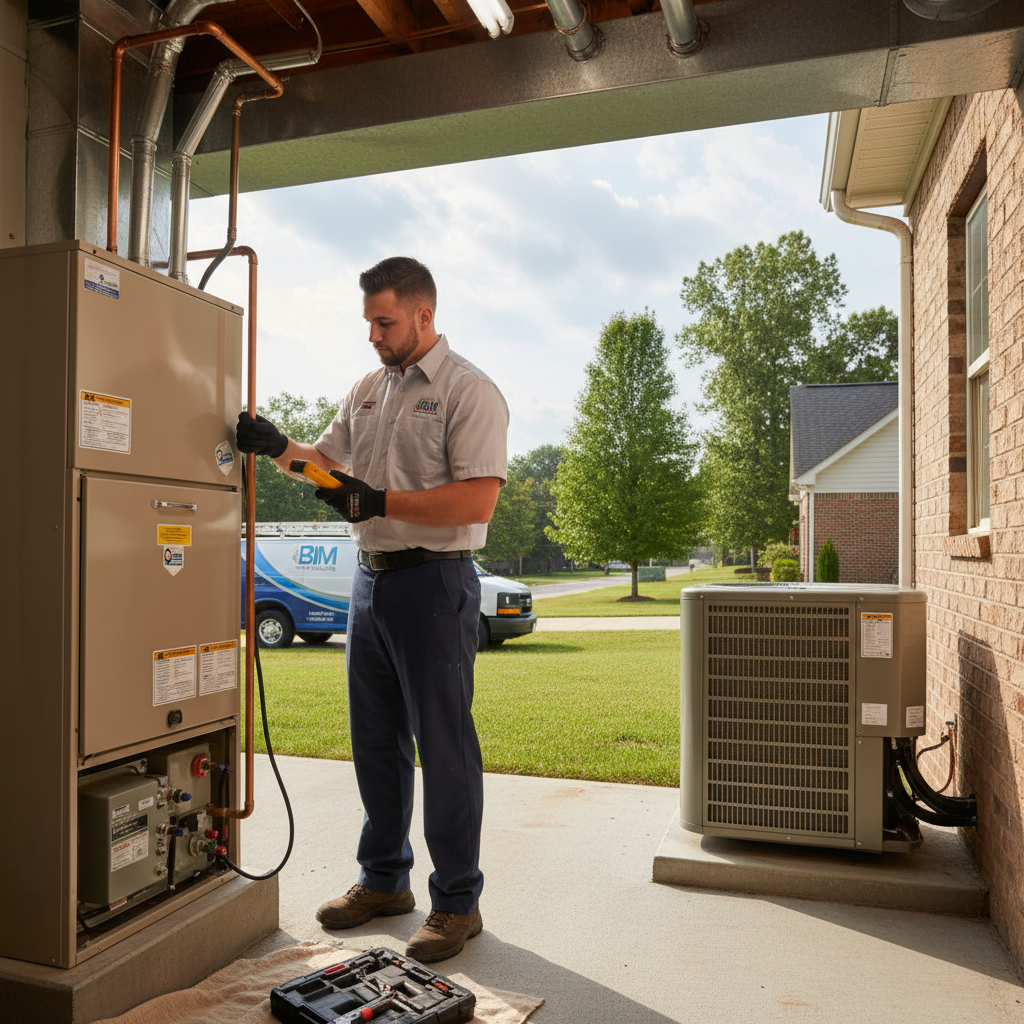 BIM Heating and Cooling technician installing a new air conditioning unit in a Fredericksburg, Virginia home.