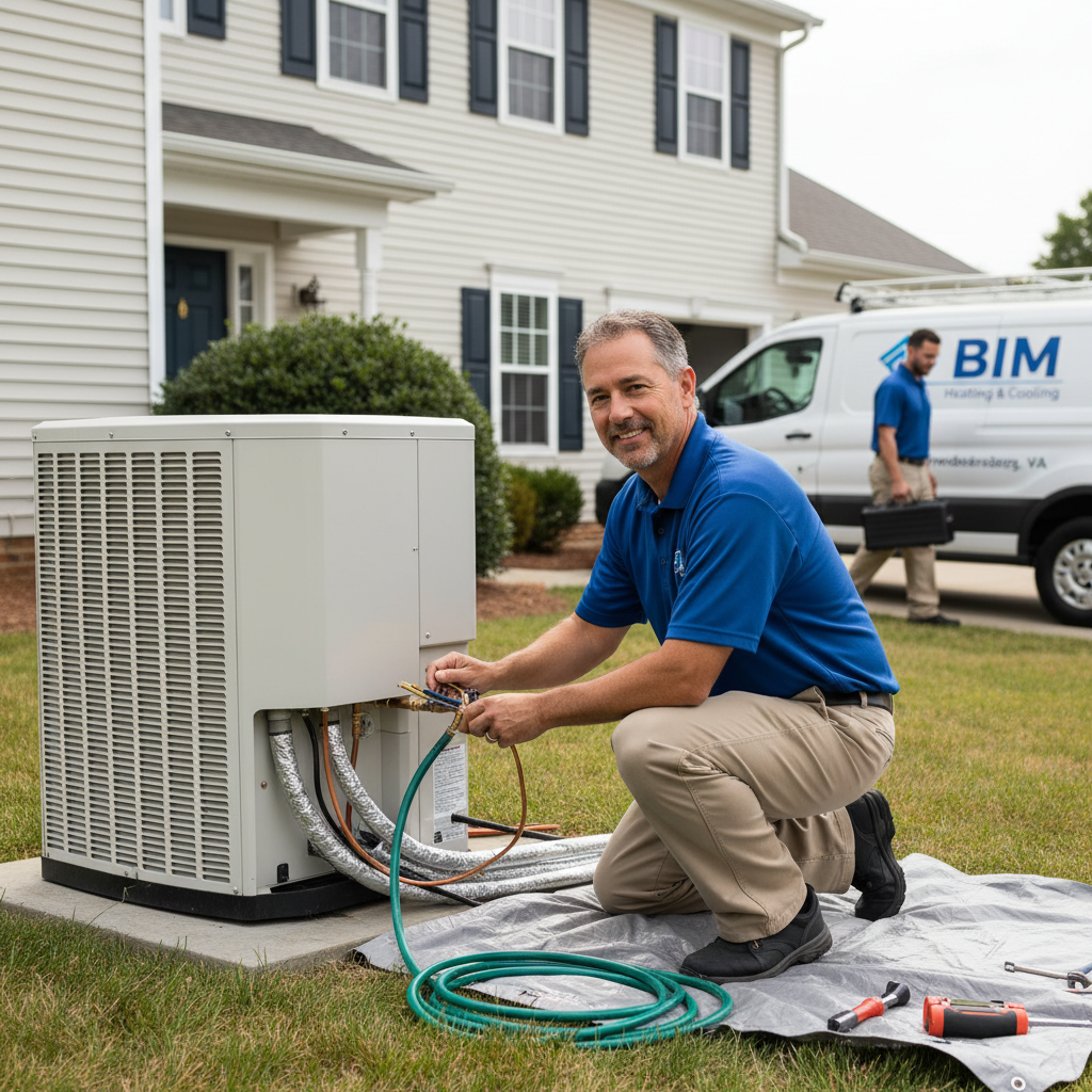 BIM Heating and Cooling technician installing a new air conditioning unit outside a Virginia residence near Fredericksburg.