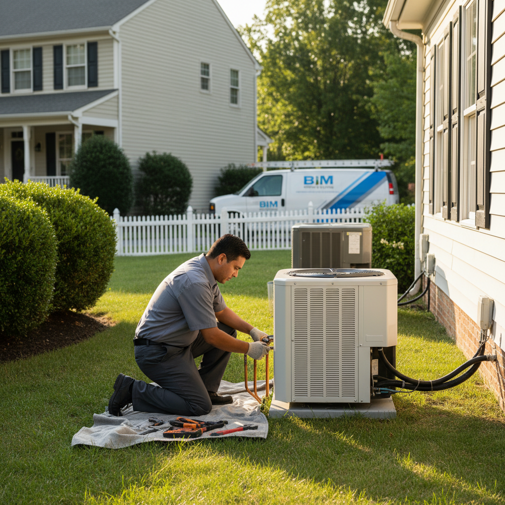 BIM Heating and Cooling technician installing a new air conditioning unit in Fredericksburg, Virginia.