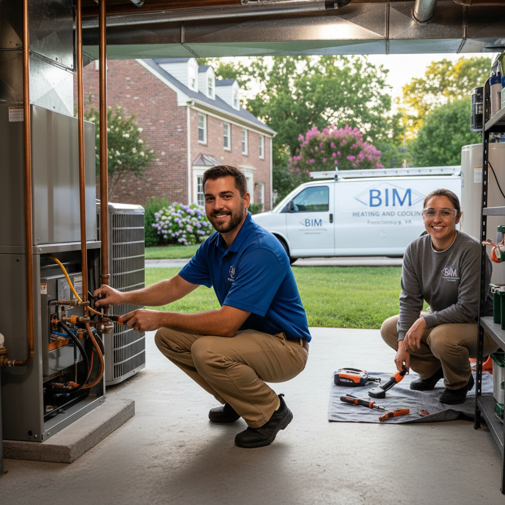 BIM Heating and Cooling technician installing a new air conditioning unit in a Fredericksburg, Virginia home.