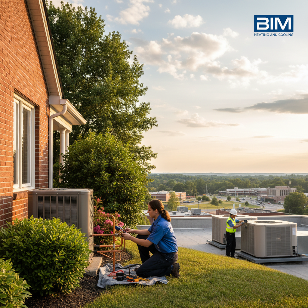 BIM Heating and Cooling technician installing a new air conditioning unit in a Fredericksburg, Virginia home.