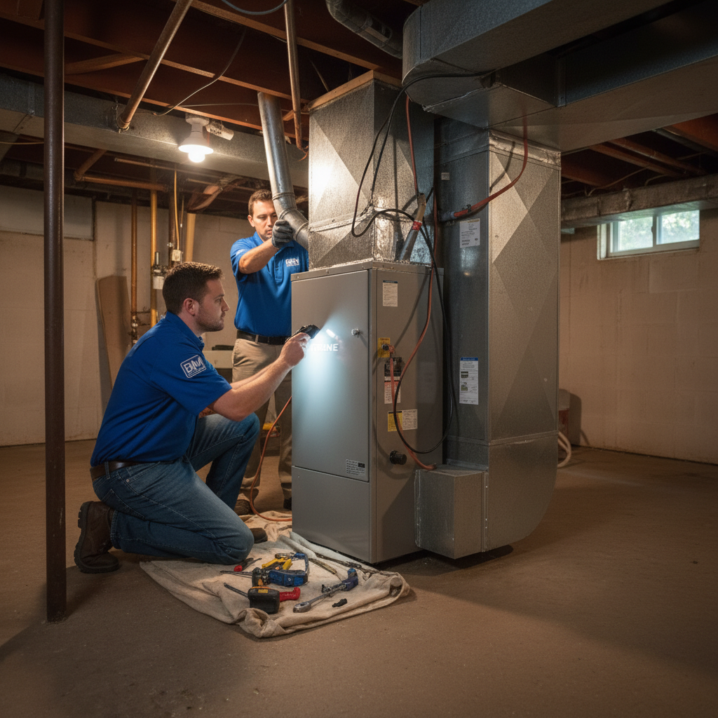 BIM Heating and Cooling technician installing a new furnace in a home in Fredericksburg, Virginia.