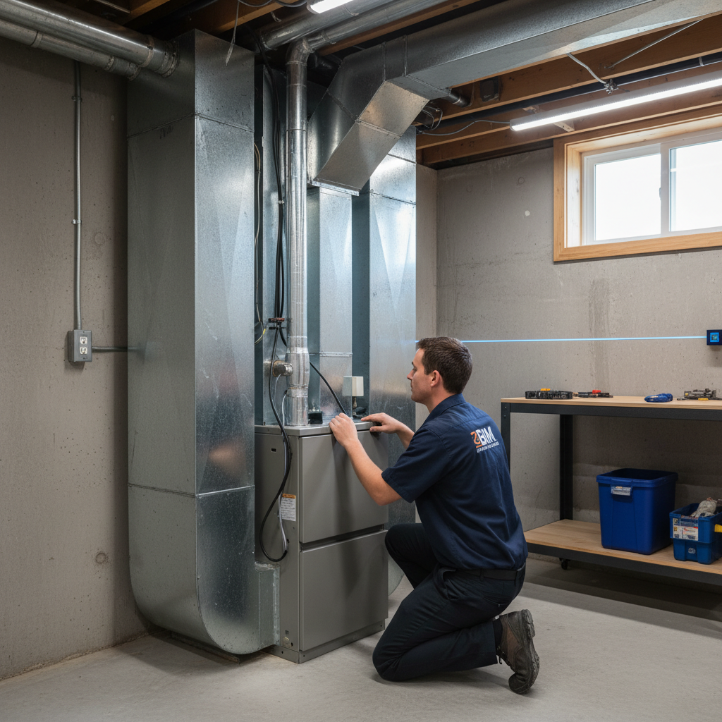 BIM Heating and Cooling technician installing a new furnace in a Fredericksburg, Virginia home.