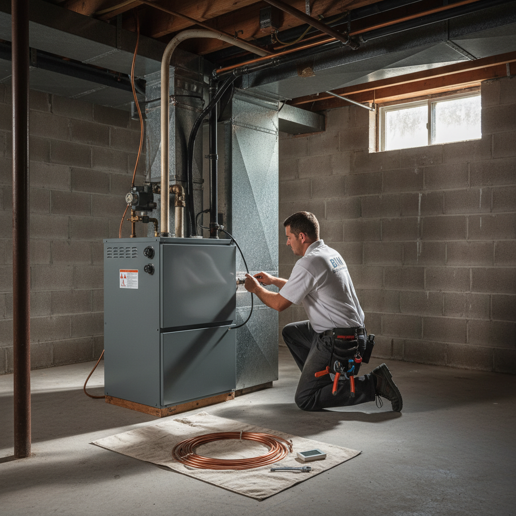BIM Heating and Cooling technician installing a new furnace in a Fredericksburg, VA home.