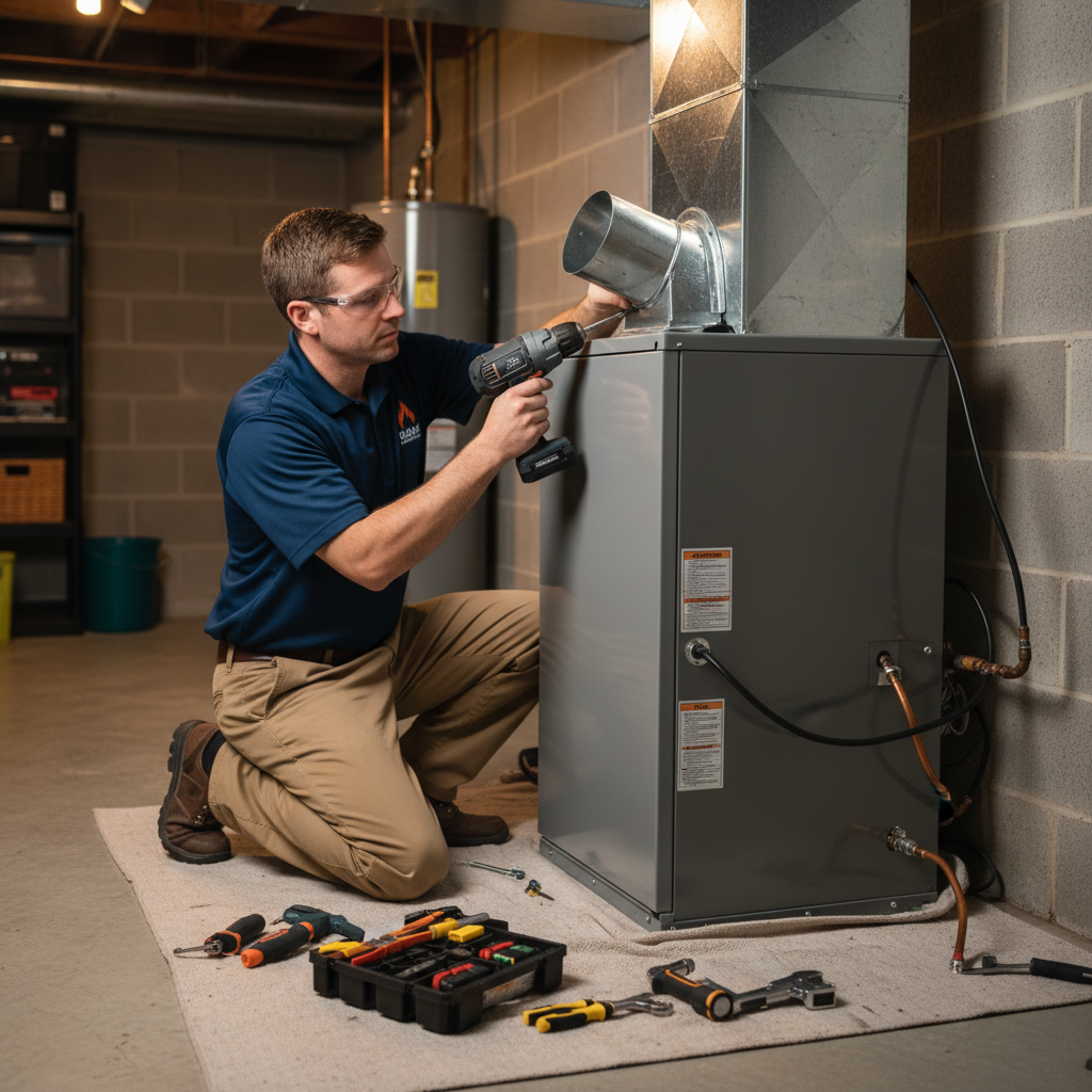 BIM Heating and Cooling technician installing a new furnace in a Fredericksburg, VA home basement.