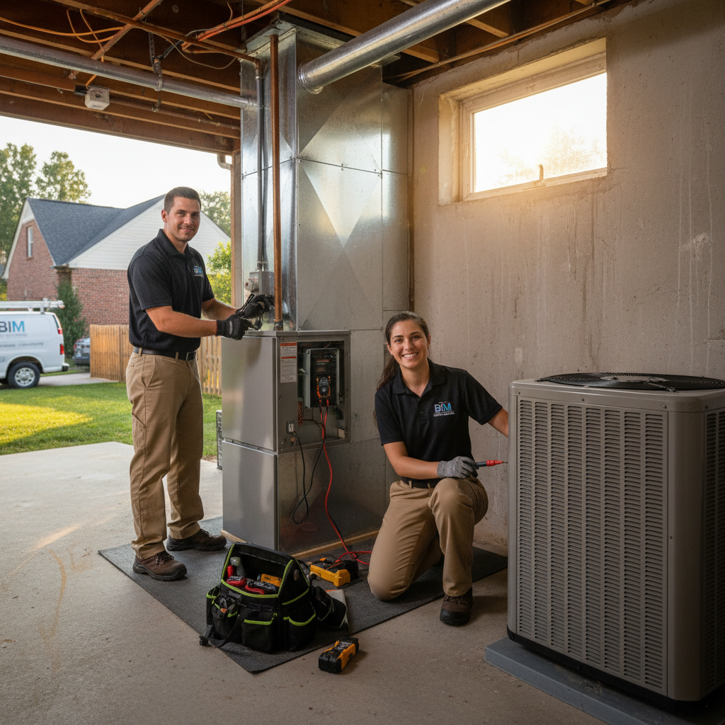 BIM Heating and Cooling technician installing a new furnace in a Fredericksburg, VA home.