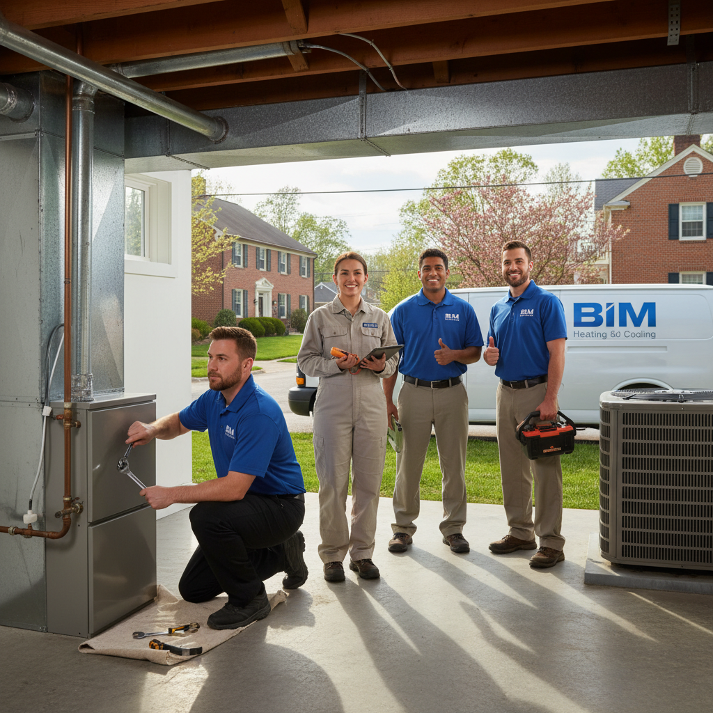 BIM Heating and Cooling technician installing a new furnace in a Fredericksburg, Virginia home.