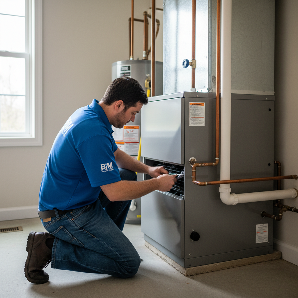 BIM Heating and Cooling technician installing a new furnace in a Fredericksburg, VA home.