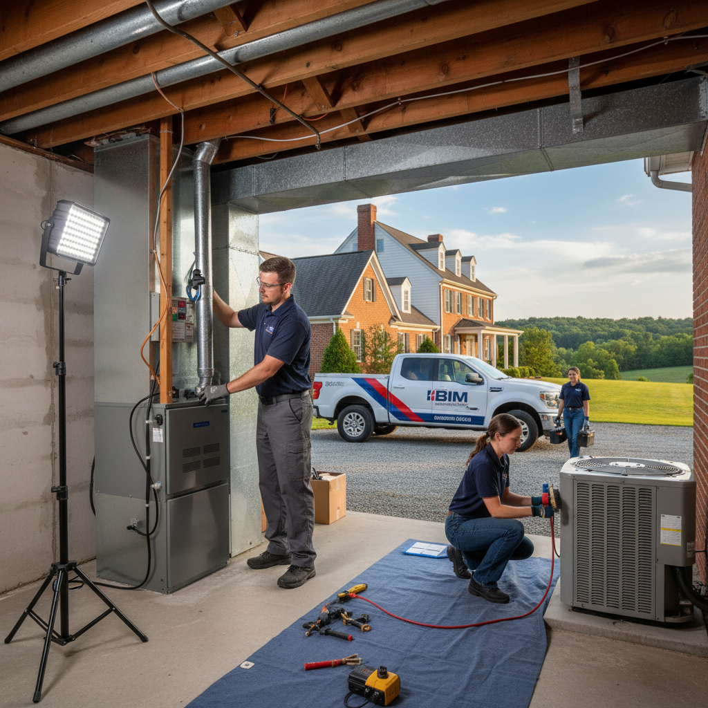 BIM Heating and Cooling technician installing a new furnace in a Fredericksburg, Virginia home.