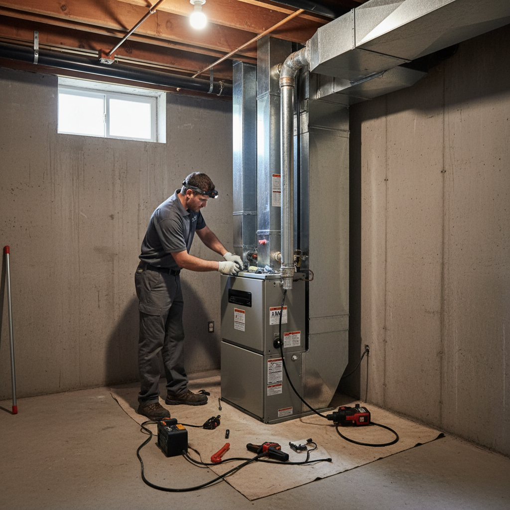 BIM Heating and Cooling technician installing a new furnace in a Fredericksburg, Virginia home.