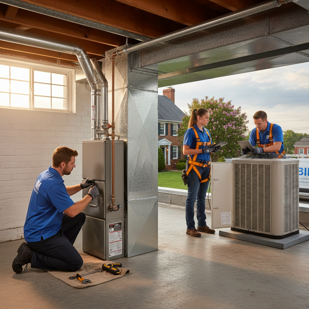 BIM Heating and Cooling technician installing a new furnace in a Fredericksburg, Virginia home.