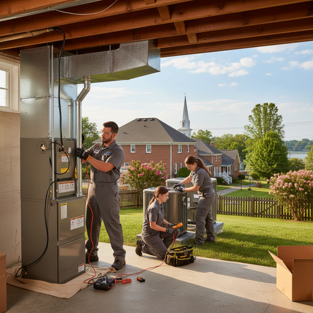 BIM Heating and Cooling technician installing a new furnace in a Fredericksburg, VA home basement.
