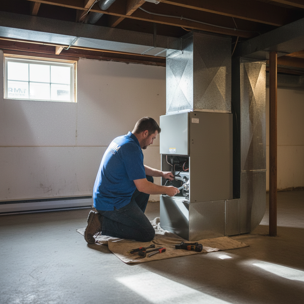 BIM Heating and Cooling technician installing a new furnace in a Fredericksburg, VA home.
