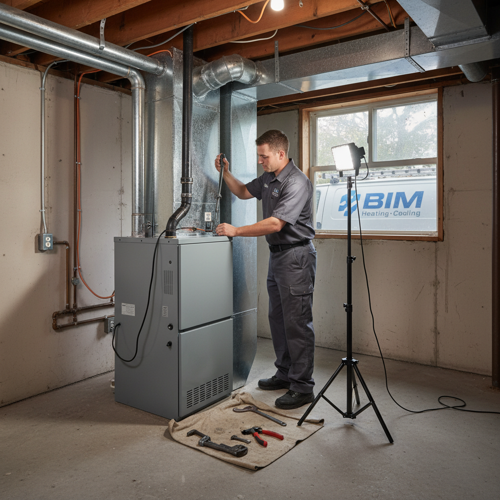BIM Heating and Cooling technician installing a new furnace in a Fredericksburg, VA home.