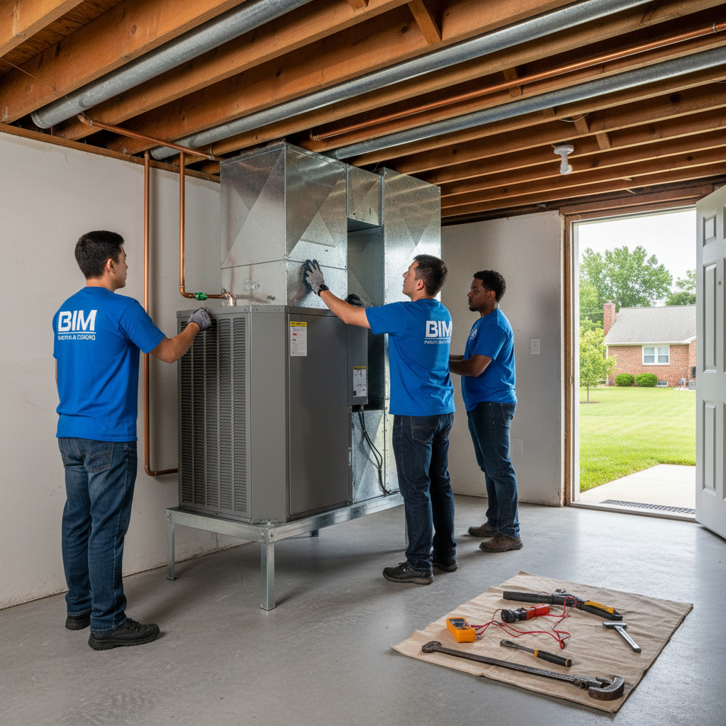 BIM Heating and Cooling technician installing a new HVAC system in a Virginia residential basement.
