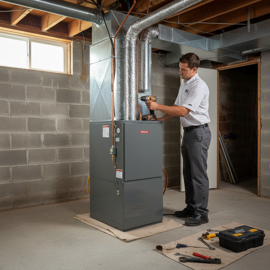 BIM Heating and Cooling technician installing a new HVAC unit in a Fredericksburg, Virginia home.