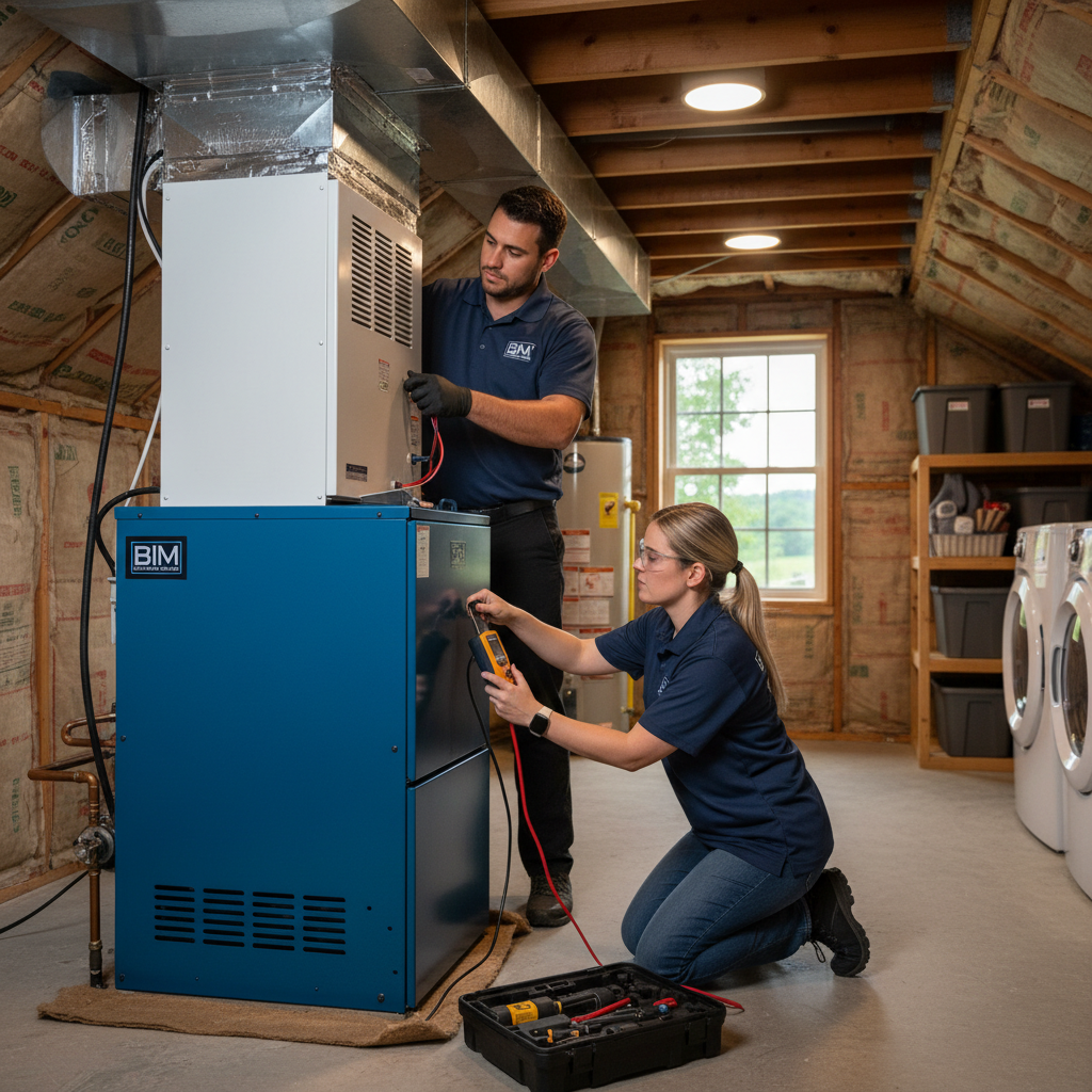 BIM Heating and Cooling technician installing a new HVAC unit in a Fredericksburg, Virginia home.