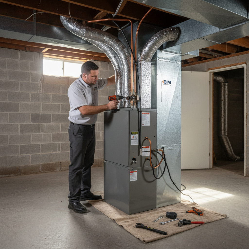 BIM Heating and Cooling technician installing a new HVAC unit in a Fredericksburg, Virginia home.