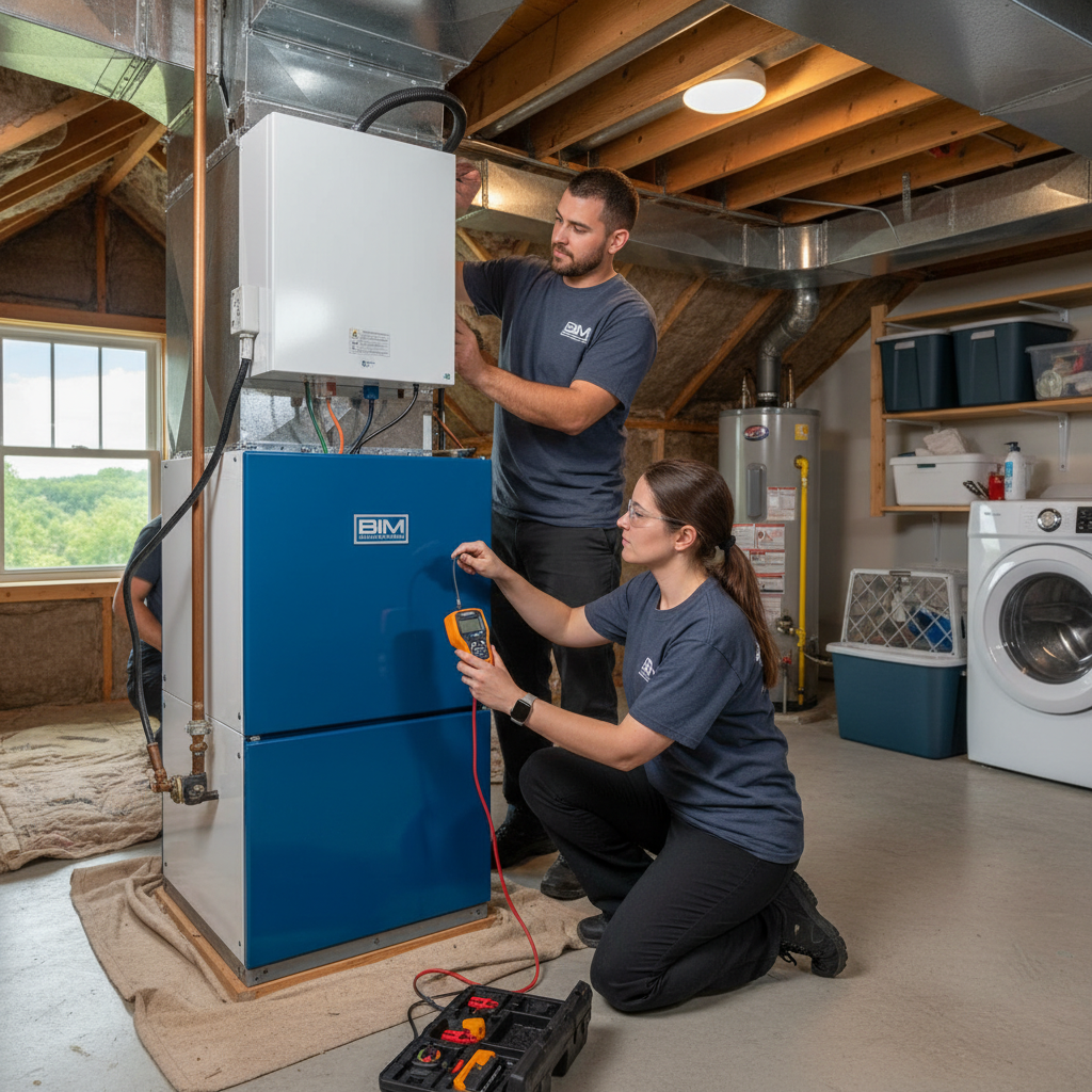 BIM Heating and Cooling technician installing a new HVAC unit in a Fredericksburg, Virginia home.