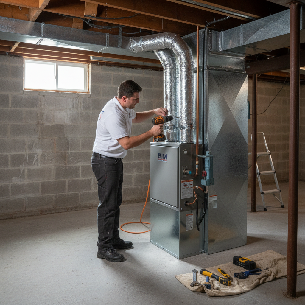 BIM Heating and Cooling technician installing a new HVAC unit in a Fredericksburg, Virginia home.