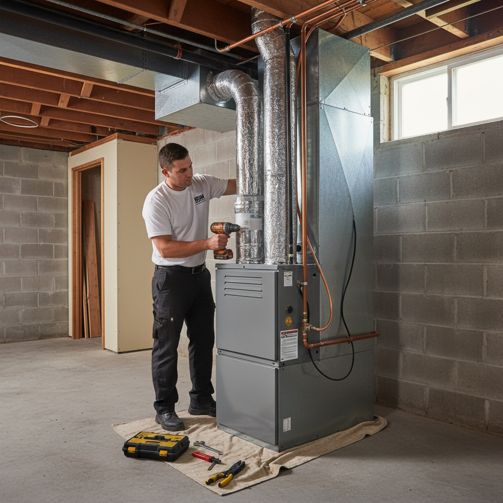BIM Heating and Cooling technician installing a new HVAC unit in a Fredericksburg, Virginia home.