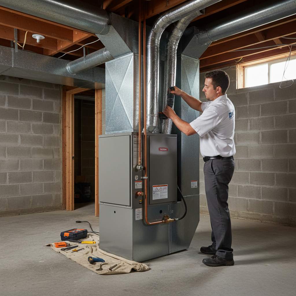 BIM Heating and Cooling technician installing a new HVAC unit in a Fredericksburg, Virginia home.