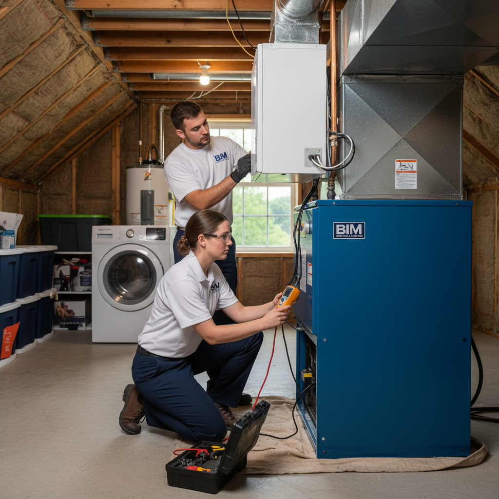 BIM Heating and Cooling technician installing a new HVAC unit in a Fredericksburg, Virginia home.