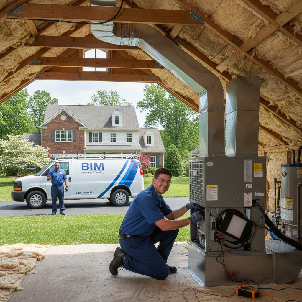 BIM Heating and Cooling technician installing a new HVAC unit in a Fredericksburg, VA home.