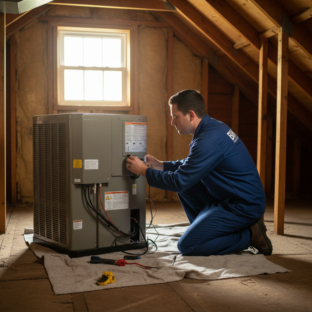 BIM Heating and Cooling technician installing a new HVAC unit in a Fredericksburg, Virginia home.