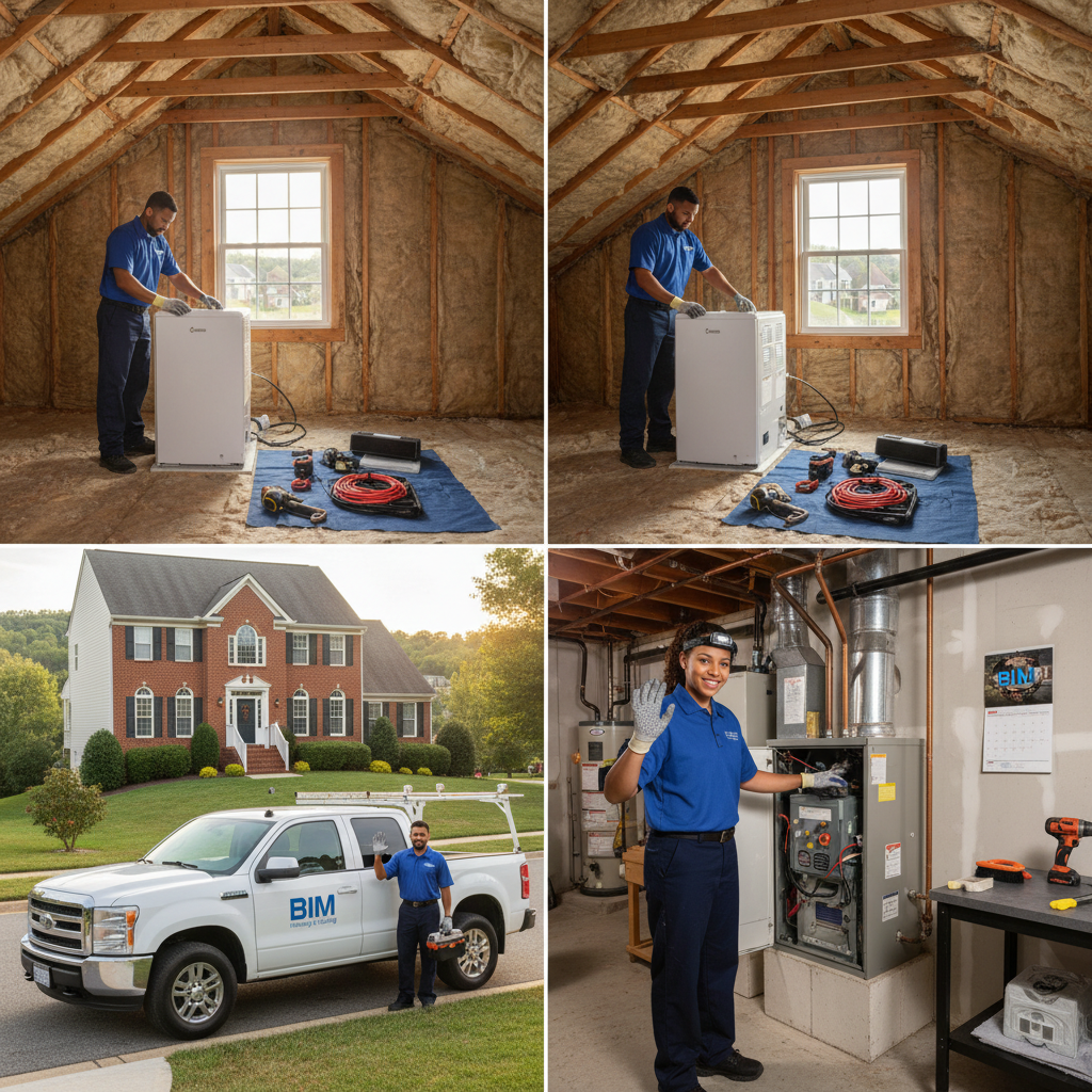 BIM Heating and Cooling technician installing a new HVAC unit in a Fredericksburg, Virginia home.