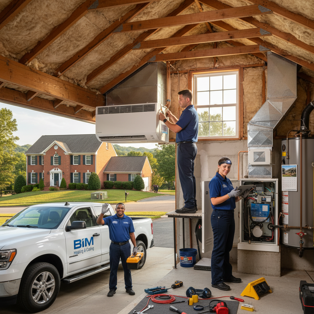 BIM Heating and Cooling technician installing a new HVAC unit in a Fredericksburg, Virginia home.