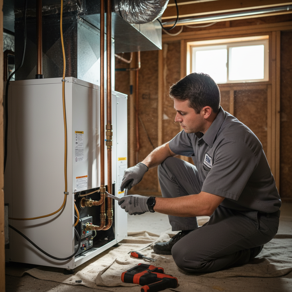 BIM Heating and Cooling technician installing a new HVAC unit in a Fredericksburg, Virginia home.