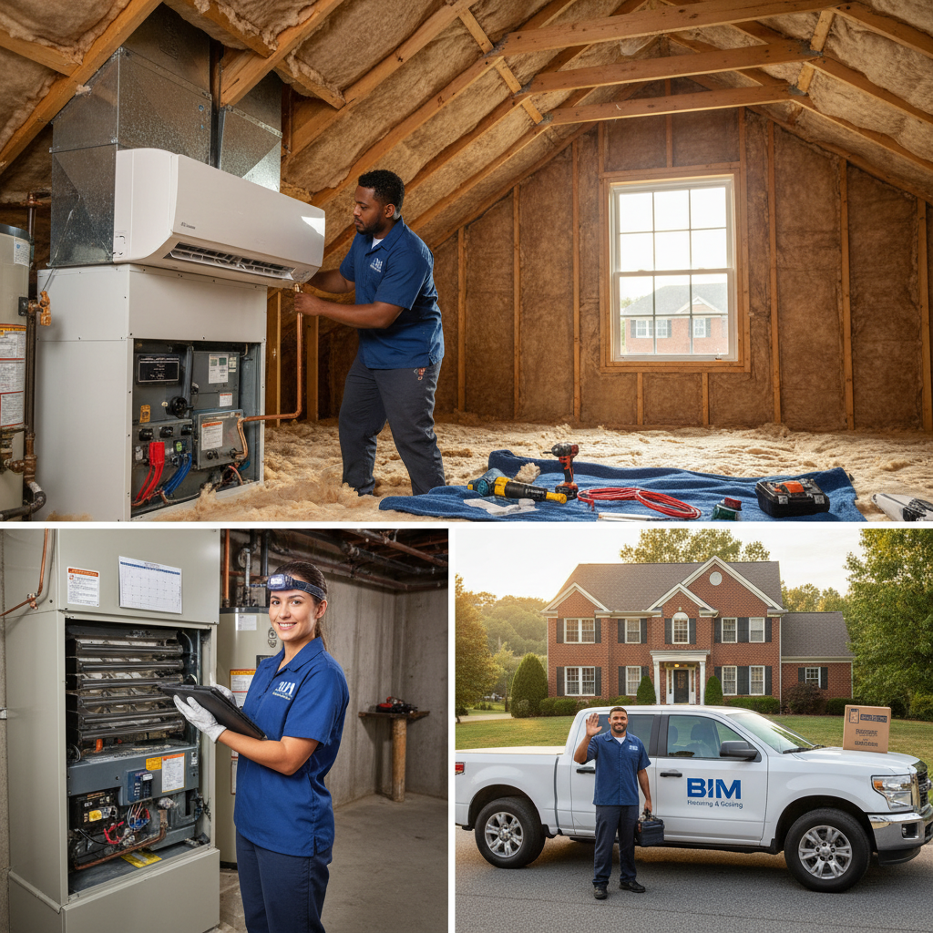 BIM Heating and Cooling technician installing a new HVAC unit in a Fredericksburg, Virginia home.