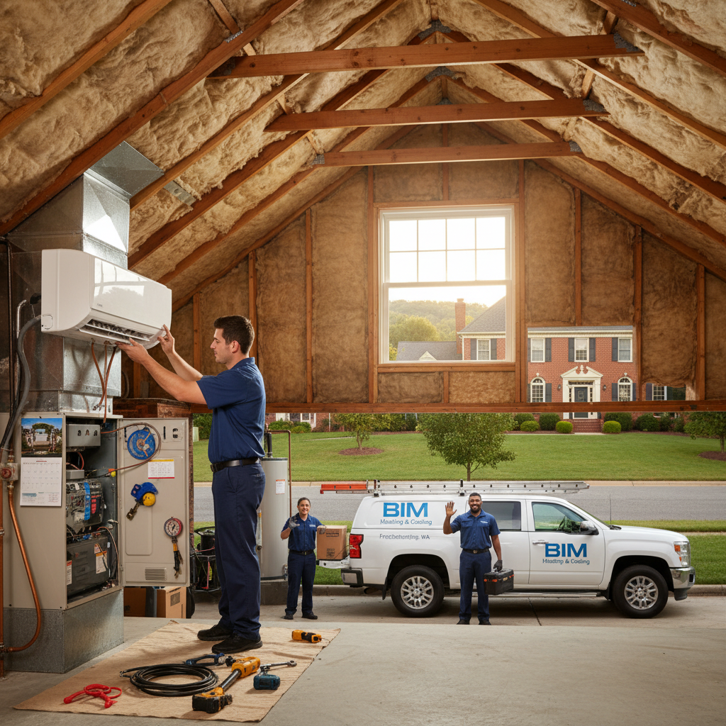 BIM Heating and Cooling technician installing a new HVAC unit in a Fredericksburg, Virginia home.