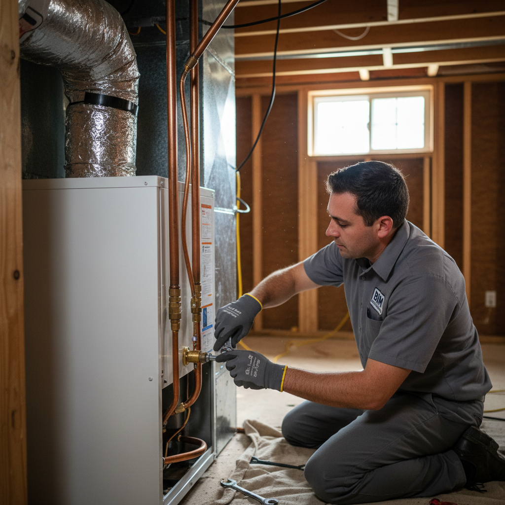 BIM Heating and Cooling technician installing a new HVAC unit in a Fredericksburg, Virginia home.