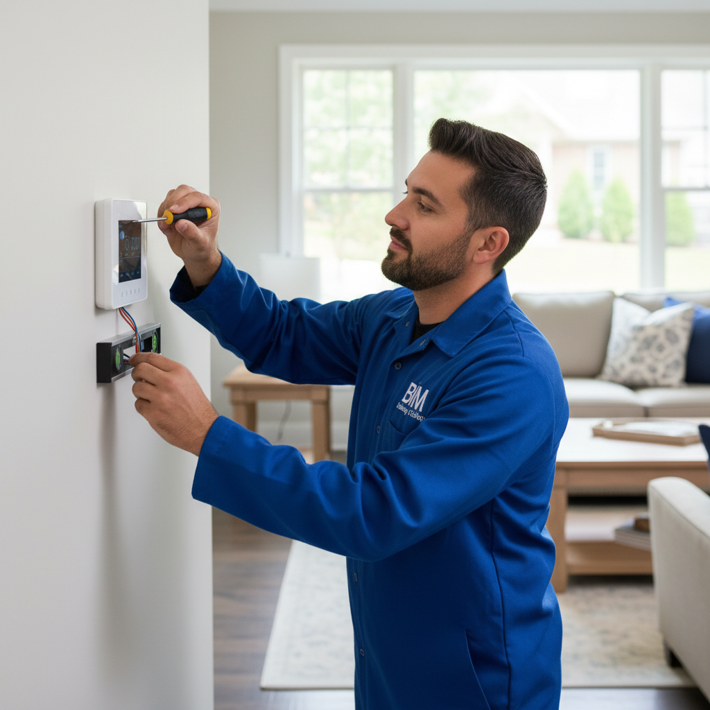 BIM Heating and Cooling technician installing a new thermostat in a Fredericksburg, VA residence.