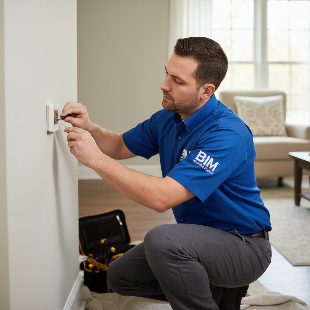 BIM Heating and Cooling technician installing a new thermostat in a Fredericksburg, Virginia home.