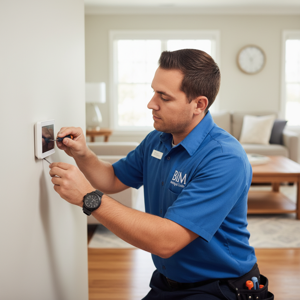BIM Heating and Cooling technician installing a new thermostat in a Fredericksburg, Virginia residence for improved climate control.
