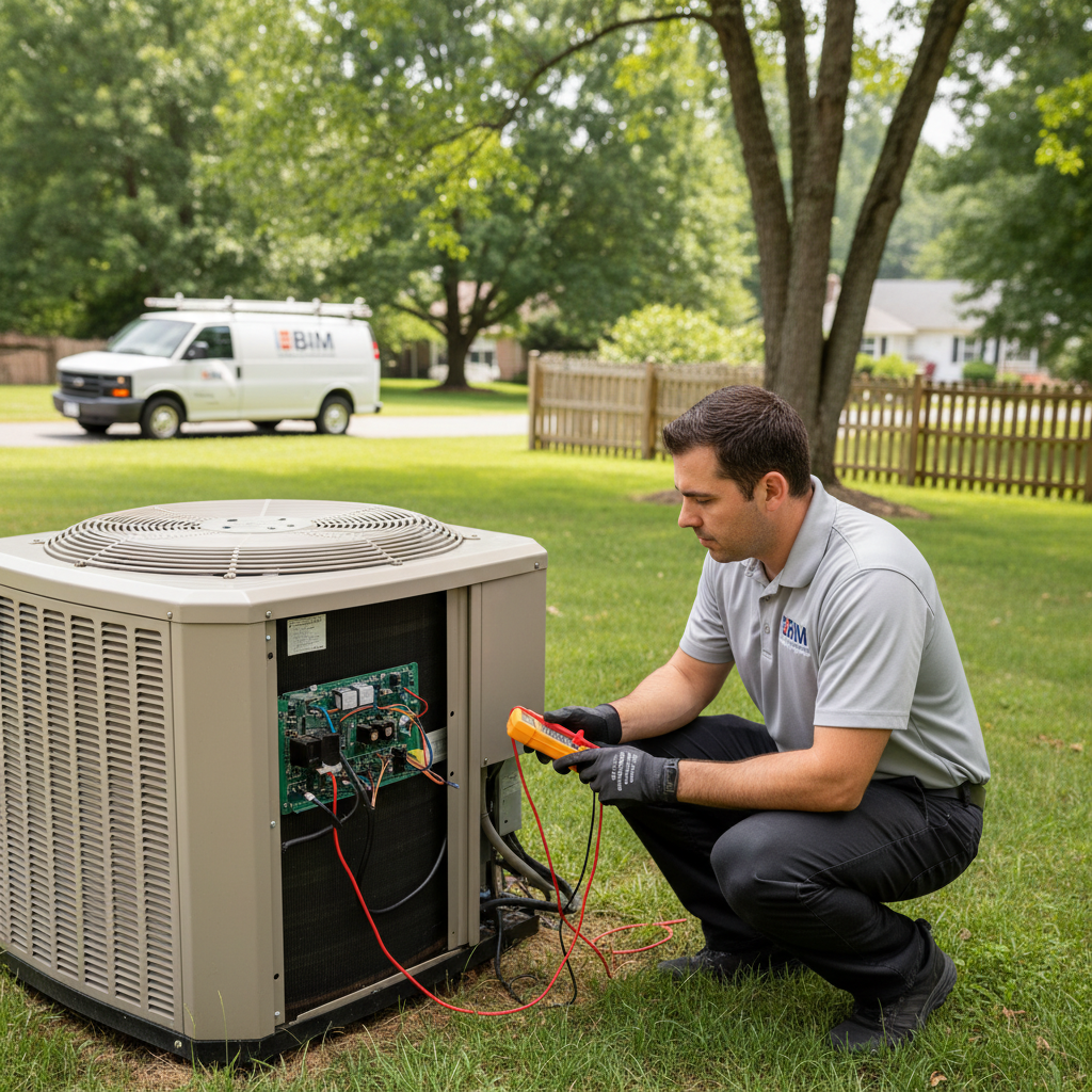 BIM Heating and Cooling technician meticulously checking an outdoor AC unit in Stafford County, Virginia.