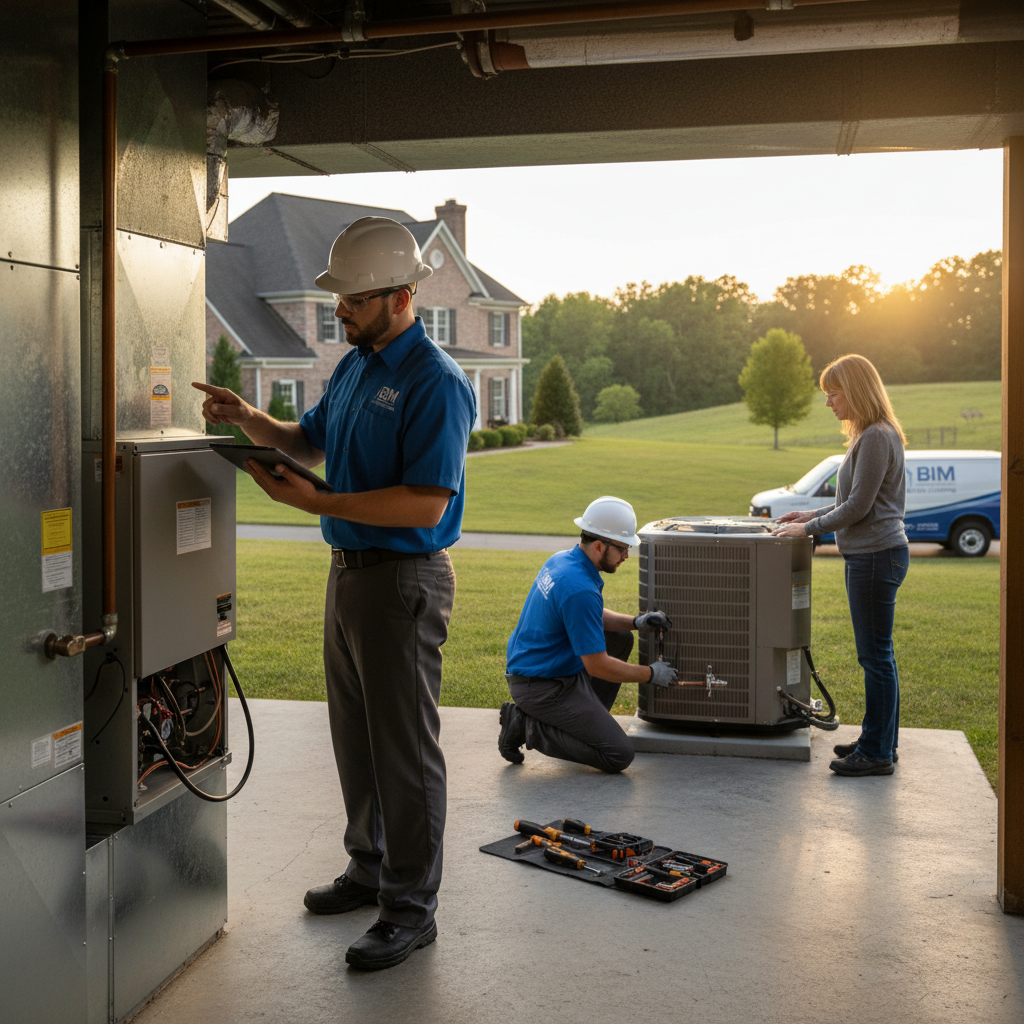 BIM Heating and Cooling technician meticulously inspecting a furnace in a Fredericksburg, Virginia home.