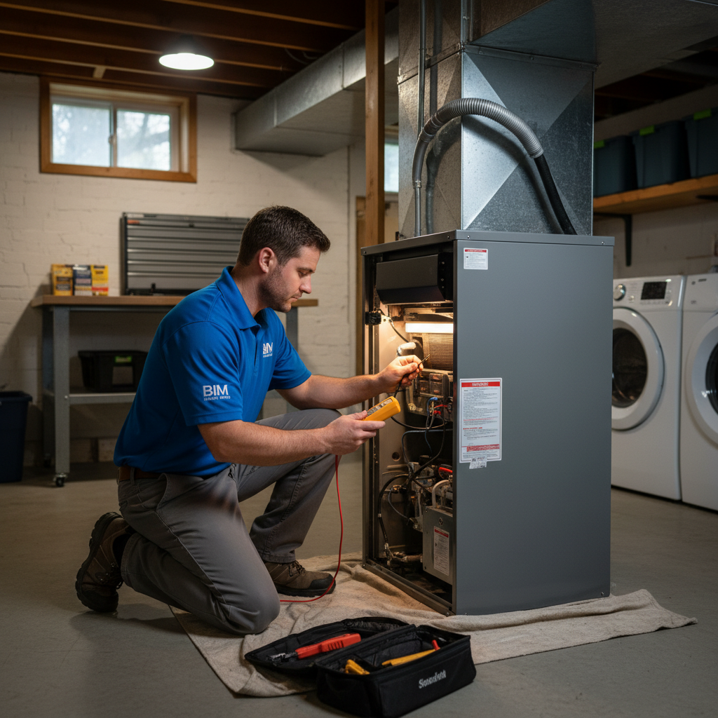 BIM Heating and Cooling technician performing a furnace repair service in a Fredericksburg, Virginia county home.