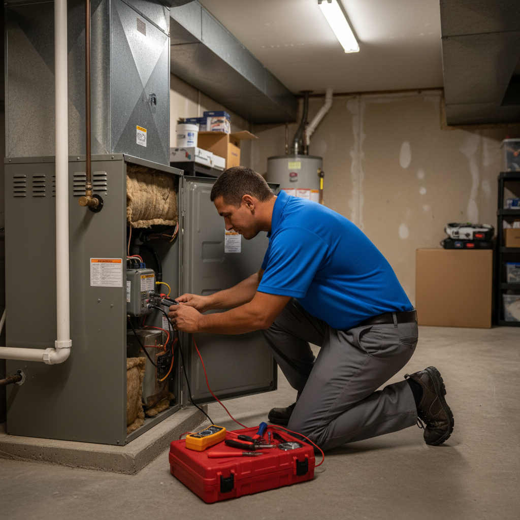 BIM Heating and Cooling technician performing a furnace repair in a Fredericksburg, Virginia counties basement.