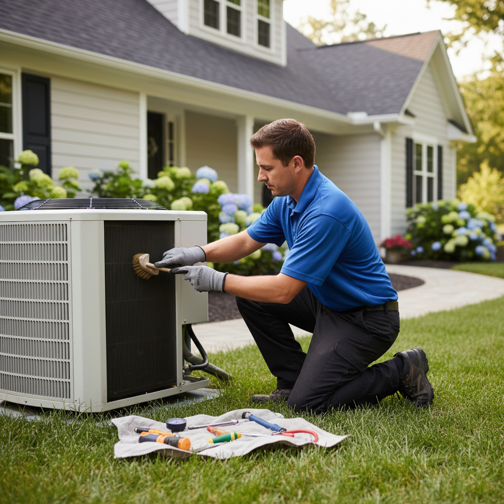 BIM Heating and Cooling technician performing AC maintenance outside a Fredericksburg, VA residence.