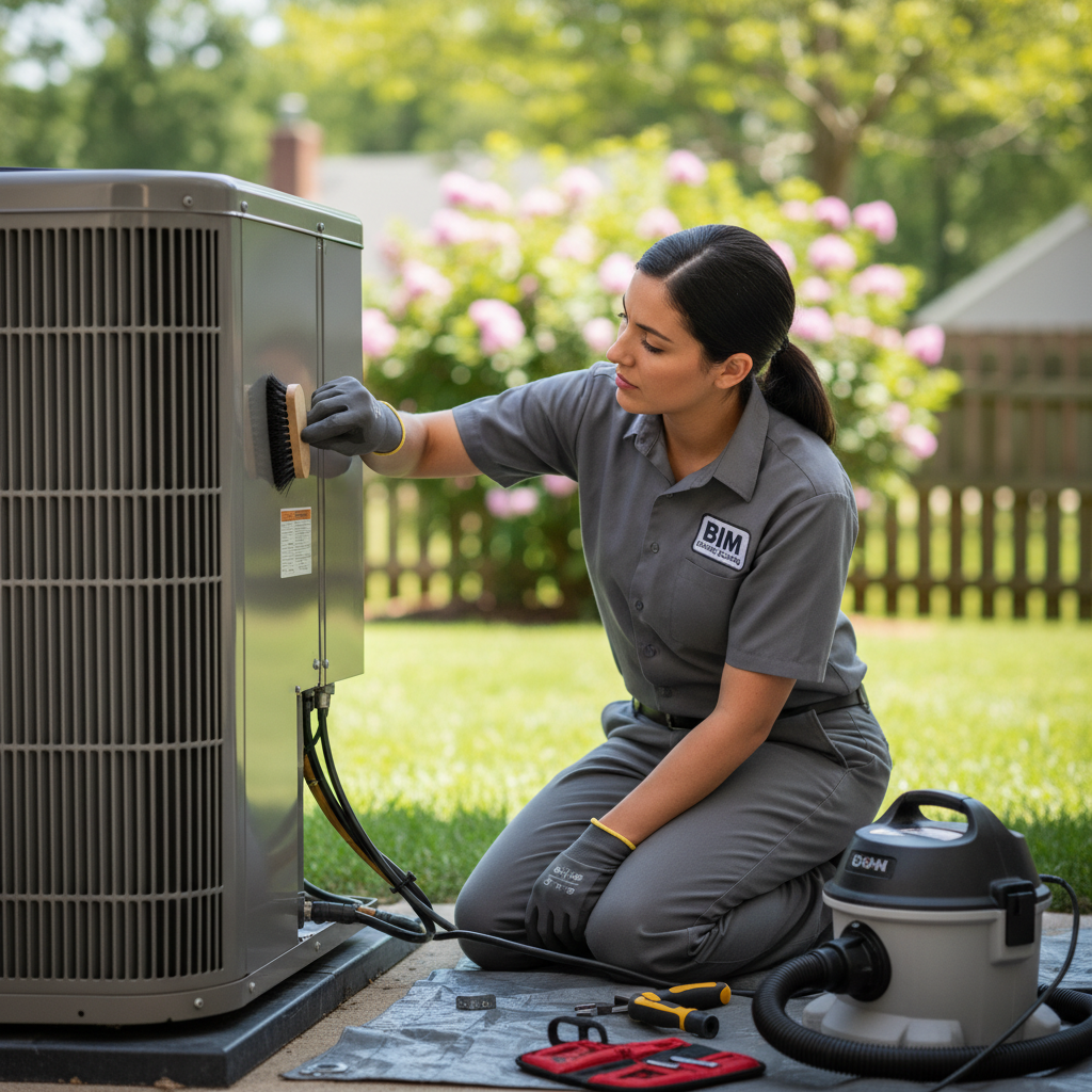 BIM Heating and Cooling technician performing AC maintenance on an outdoor unit in Fredericksburg, VA.