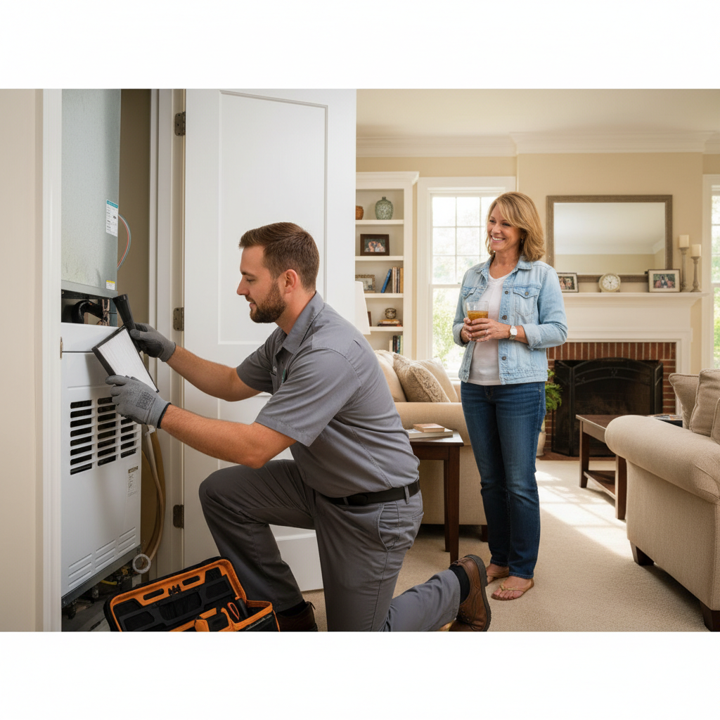 BIM Heating and Cooling technician performing AC maintenance inside a home near Fredericksburg, Virginia.